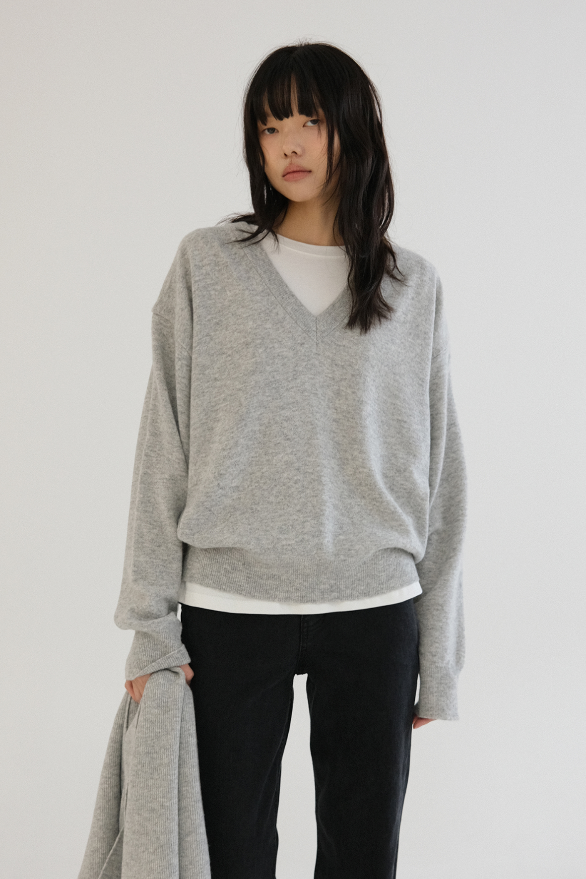 [SLOCO] Jenna v neck cashmere knit, light grey